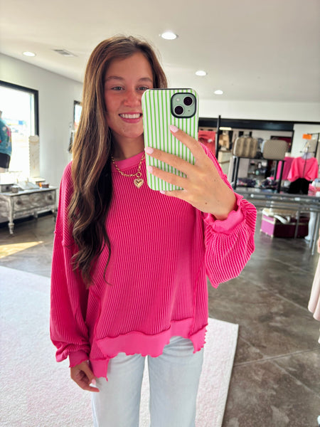 Strawberry Pink Ribbed Uneven Hem Top