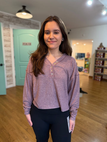 Dark Plum Brushed Hacci Button Long Sleeve Top