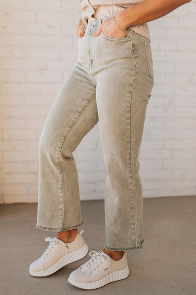 Light Olive Acid Wash Frayed Straight Wide Pants