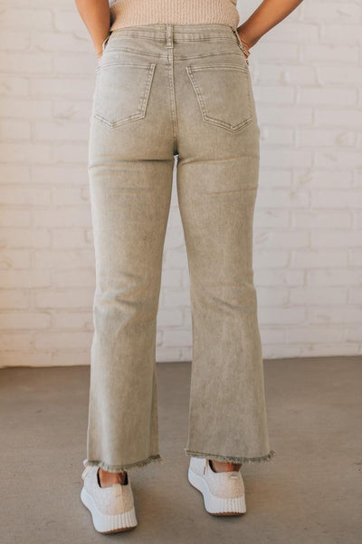Light Olive Acid Wash Frayed Straight Wide Pants