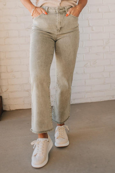 Light Olive Acid Wash Frayed Straight Wide Pants