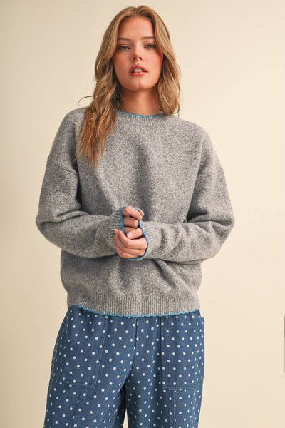 Grey & Aqua Scalloped Edge Sweater