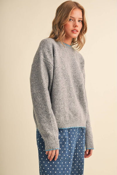 Grey & Aqua Scalloped Edge Sweater