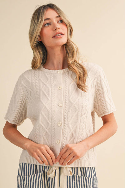Beige Cable Knit Short Sleeve Sweater Cardigan