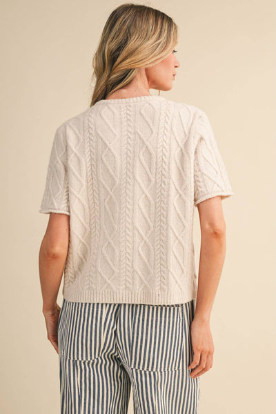 Beige Cable Knit Short Sleeve Sweater Cardigan