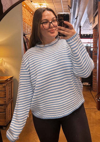 Sky Blue Cozy Everyday Striped Sweater