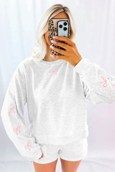 Heather Gray Bow Embroidered Sweatshirt & Shorts Set