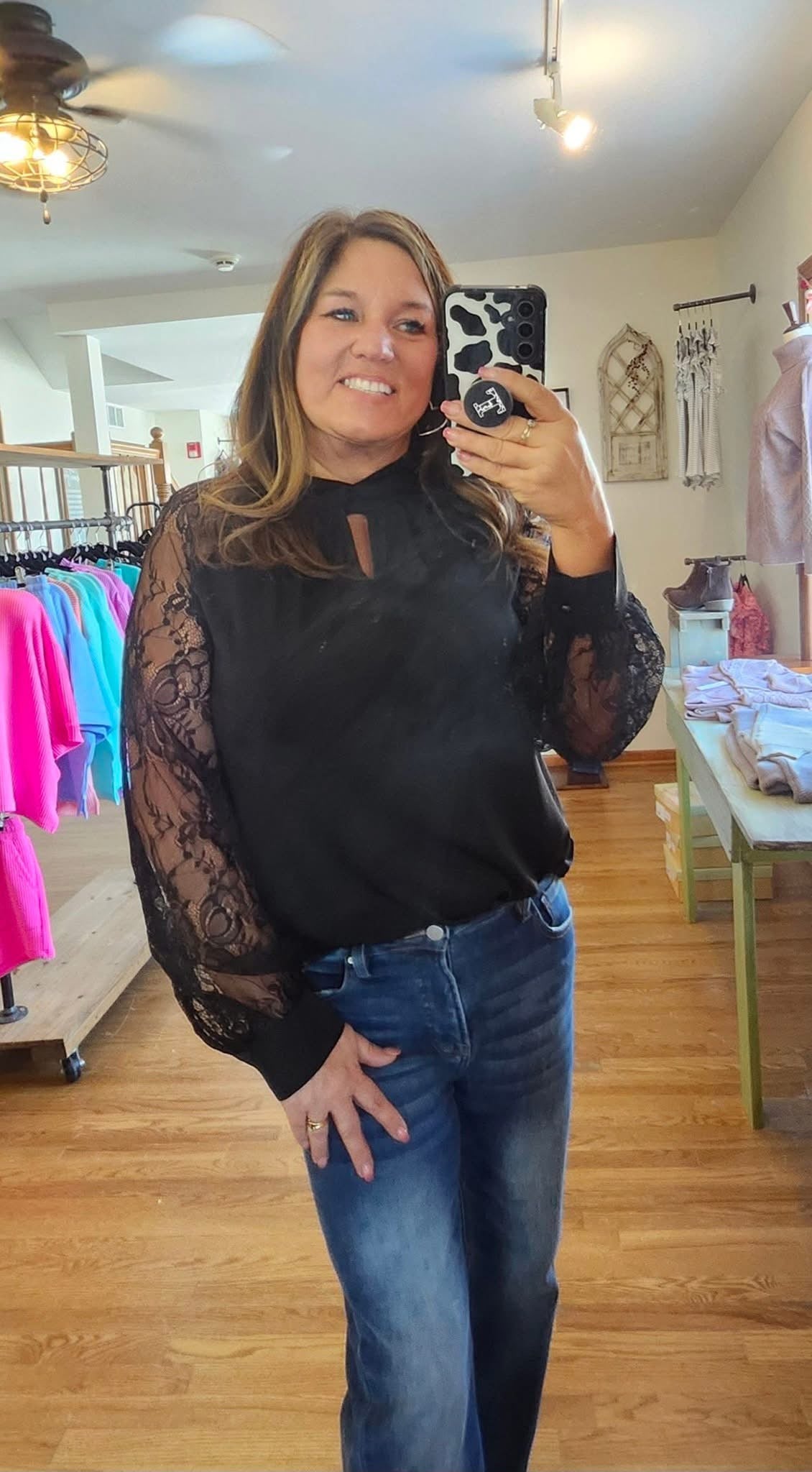 Black Keyhole Neckline Floral Lace Top