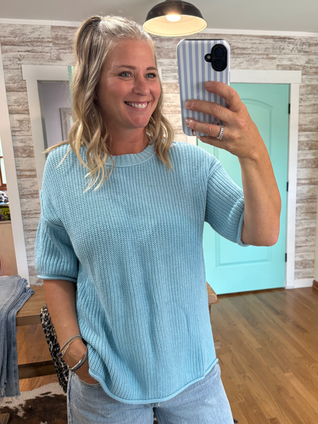 Mist Blue Exposed Seam Half Sleeve Sweater