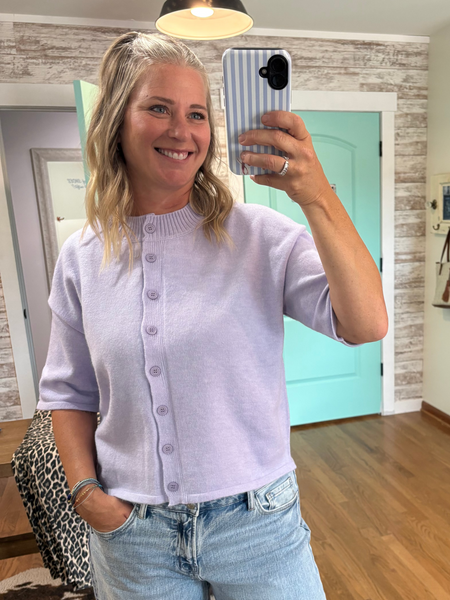 Lavender 3/4 Sleeve Boxy Knit Button Down Sweater Cardigan