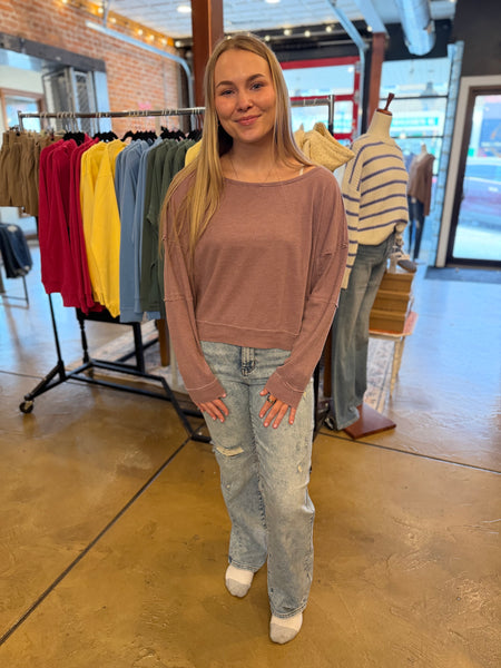 Rose Taupe Raw Edge Waffle Knit Pullover