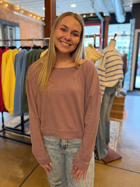 Rose Taupe Raw Edge Waffle Knit Pullover