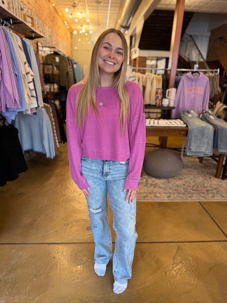 Orchid Raw Edge Waffle Knit Pullover