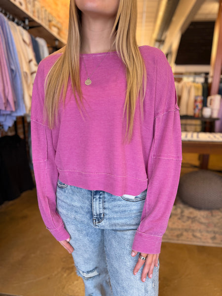 Orchid Raw Edge Waffle Knit Pullover