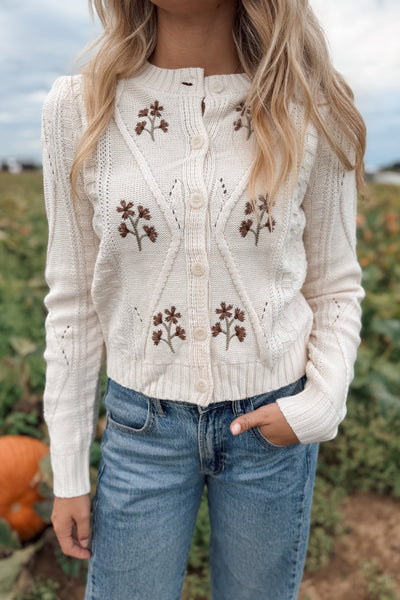 Cream Floral Embroidered Cable Knit Cardigan