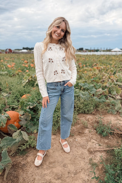 Cream Floral Embroidered Cable Knit Cardigan