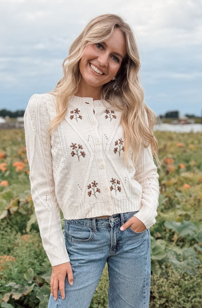 Cream Floral Embroidered Cable Knit Cardigan
