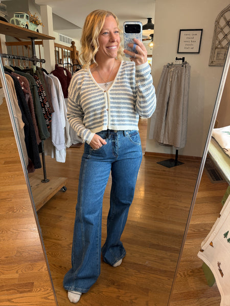 Ivory & Blue Stripe Crochet Knitted Cardigan