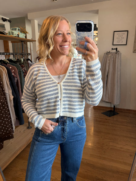 Ivory & Blue Stripe Crochet Knitted Cardigan