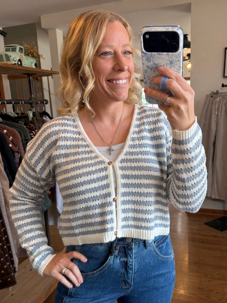Ivory & Blue Stripe Crochet Knitted Cardigan