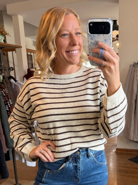 Heather Grey & Brown Stripe Knitted Top
