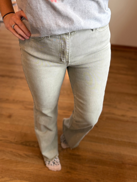 Light Olive Acid Wash Frayed Straight Wide Pants