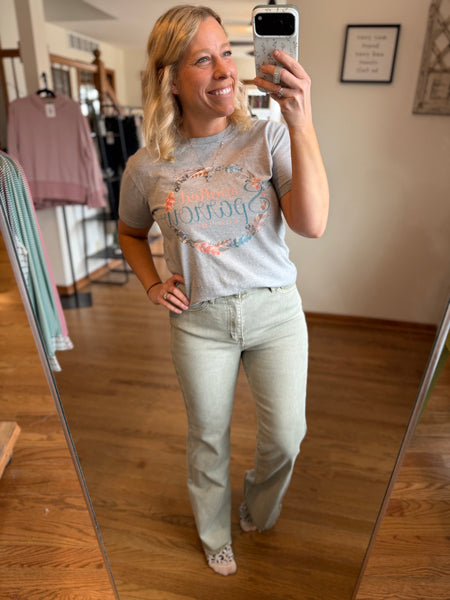 Light Olive Acid Wash Frayed Straight Wide Pants