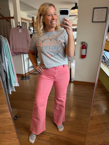 Ash Pink Acid Wash Frayed Straight Wide Pants