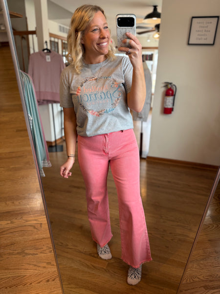 Ash Pink Acid Wash Frayed Straight Wide Pants