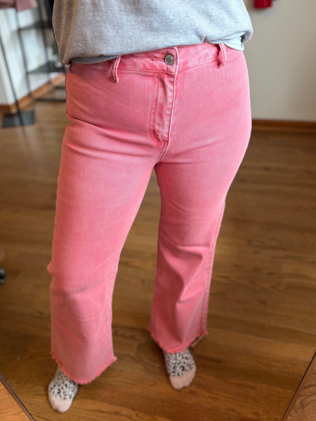 Ash Pink Acid Wash Frayed Straight Wide Pants