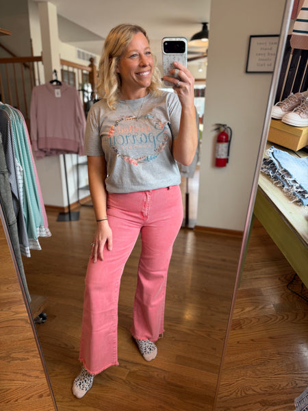 Ash Pink Acid Wash Frayed Straight Wide Pants