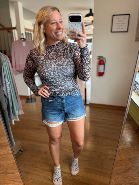 Black Ditsy Floral Mesh Thumbhole Sleeve Top