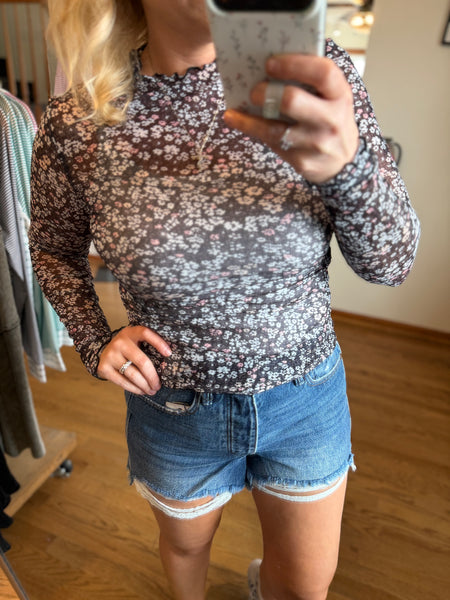 Black Ditsy Floral Mesh Thumbhole Sleeve Top