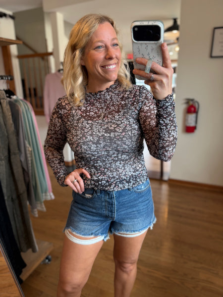 Black Ditsy Floral Mesh Thumbhole Sleeve Top