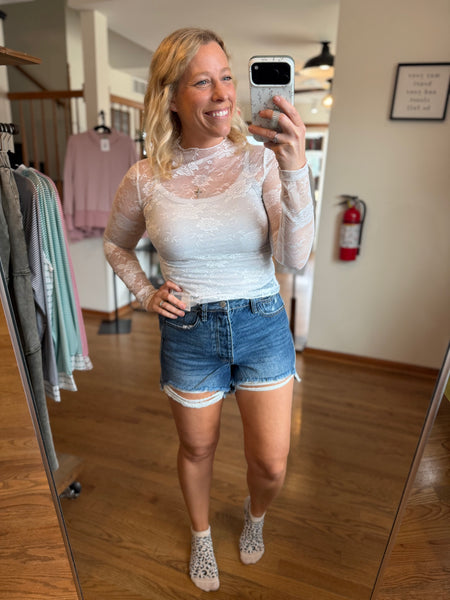 White Sheer Floral Lace Mock Neck Top