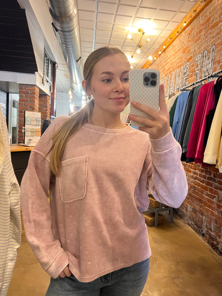 Mauve Mineral Wash Pocket Long Sleeve Knit Top