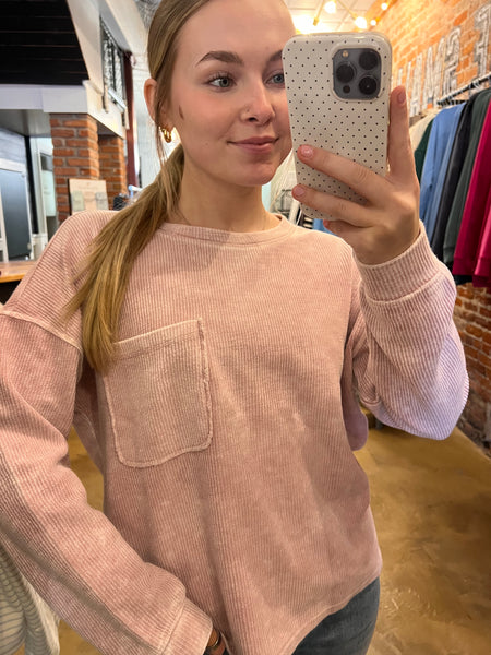 Mauve Mineral Wash Pocket Long Sleeve Knit Top