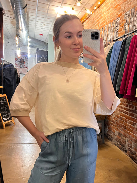 Cream Contrast Trim Short Sleeve Knit Top