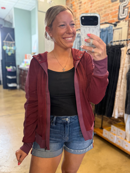 Burgundy Waffle Full Zip Hooded Sweatshirt