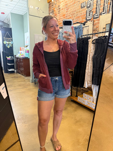 Burgundy Waffle Full Zip Hooded Sweatshirt