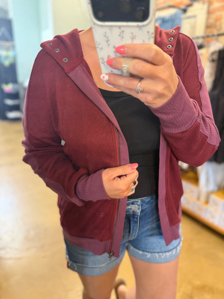 Burgundy Waffle Full Zip Hooded Sweatshirt