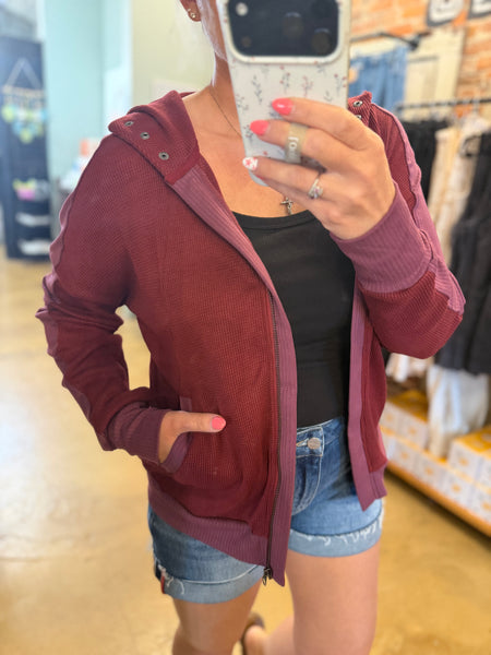 Burgundy Waffle Full Zip Hooded Sweatshirt