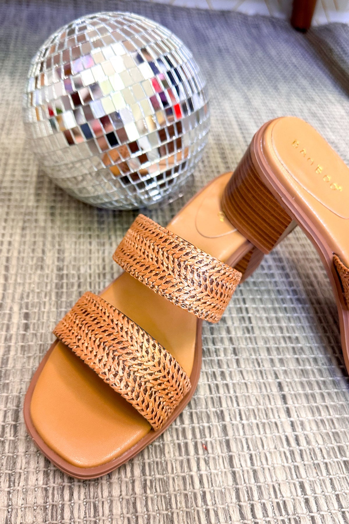 Cognac Raffia Chunky Heel Sandals