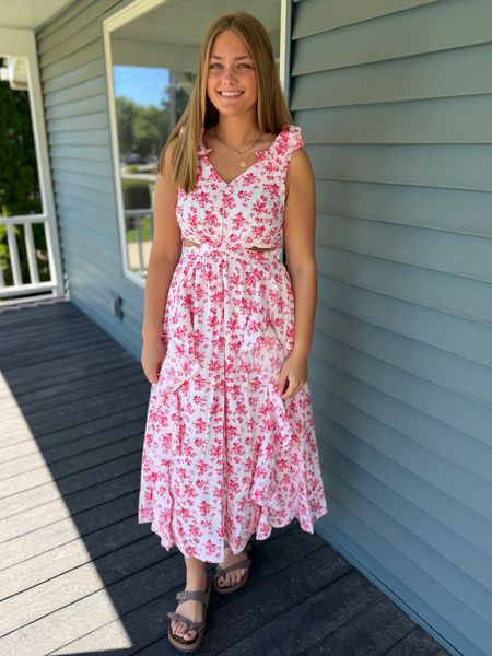Pink Floral Ruffle Cutout Midi Dress