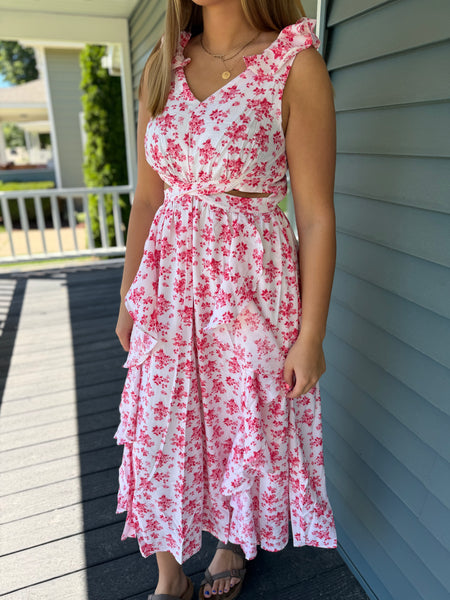 Pink Floral Ruffle Cutout Midi Dress