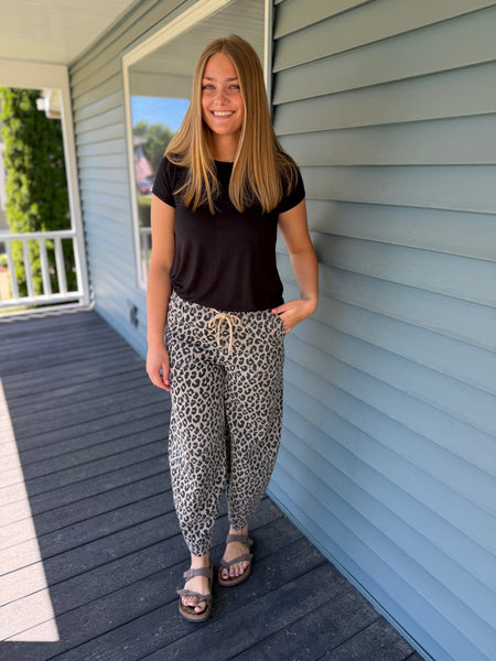 Mocha Leopard Drawstring Denim Pants