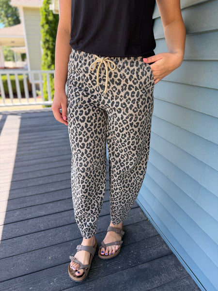 Mocha Leopard Drawstring Denim Pants