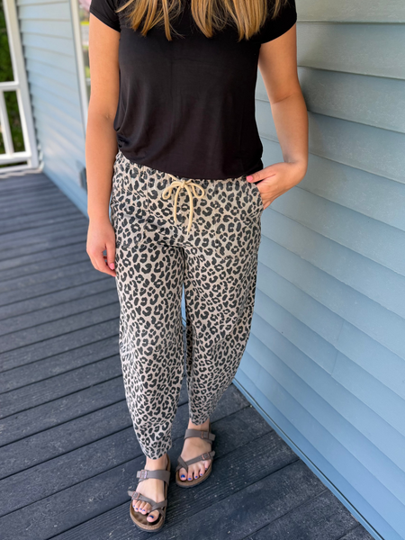 Mocha Leopard Drawstring Denim Pants