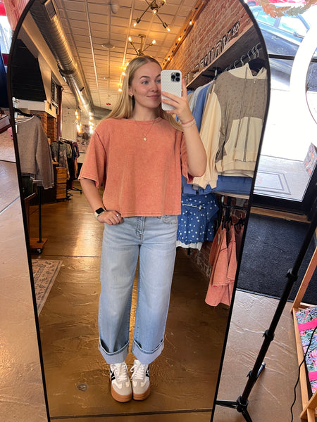 Coral Vintage Wash Short Sleeve Thermal Top