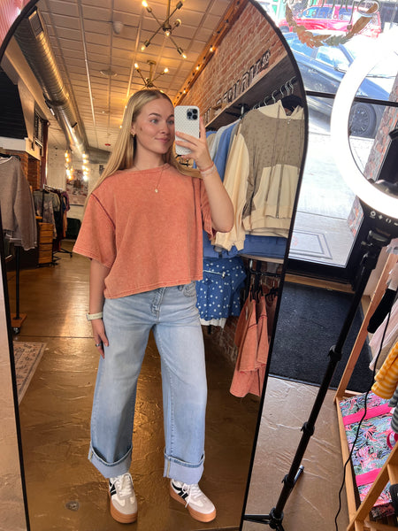 Coral Vintage Wash Short Sleeve Thermal Top